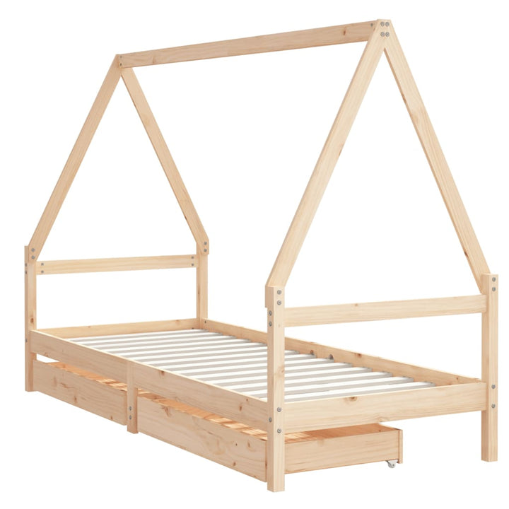 Kids Solid Wood Pine Bed Frame with Drawers