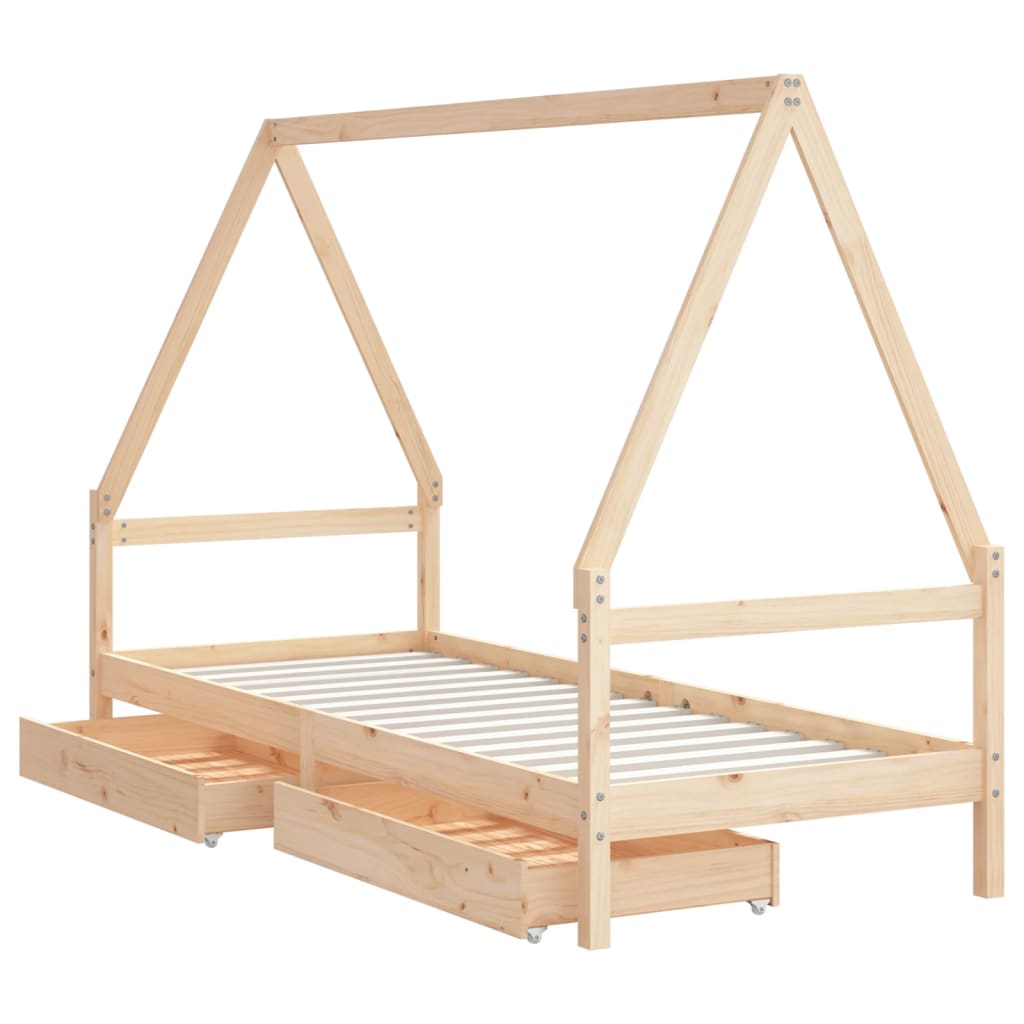 Kids Solid Wood Pine Bed Frame with Drawers