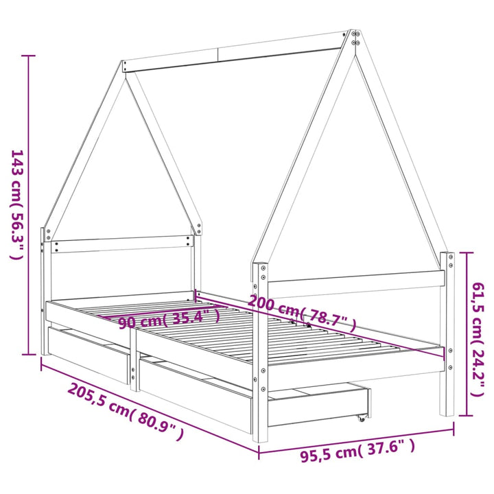 Kids Solid Wood Pine Bed Frame with Drawers