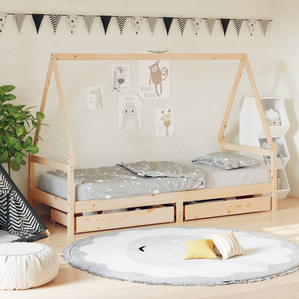 Kids Solid Wood Pine Bed Frame with Drawers