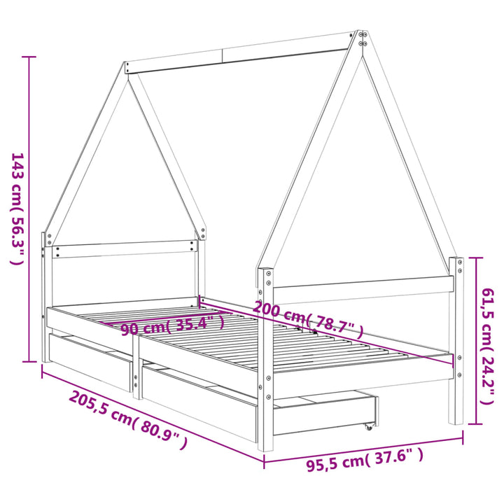 Kids Solid Wood Pine Bed Frame with Drawers