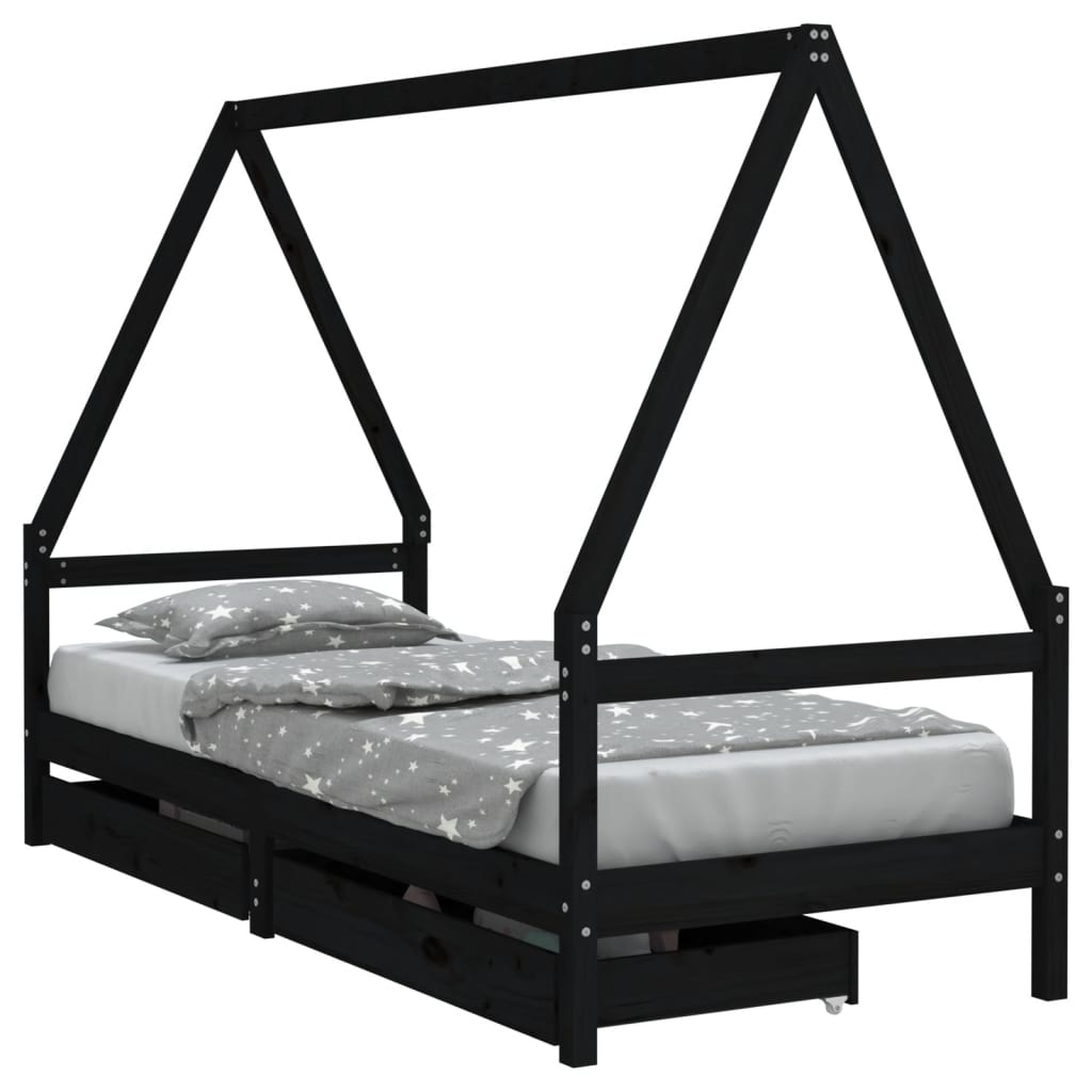Kids Solid Wood Pine Bed Frame with Drawers