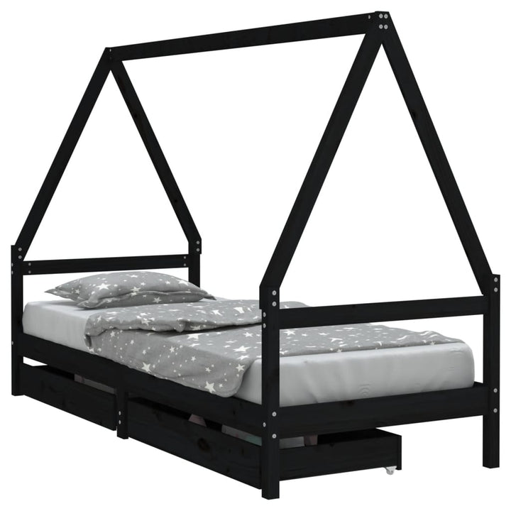 Kids Solid Wood Pine Bed Frame with Drawers
