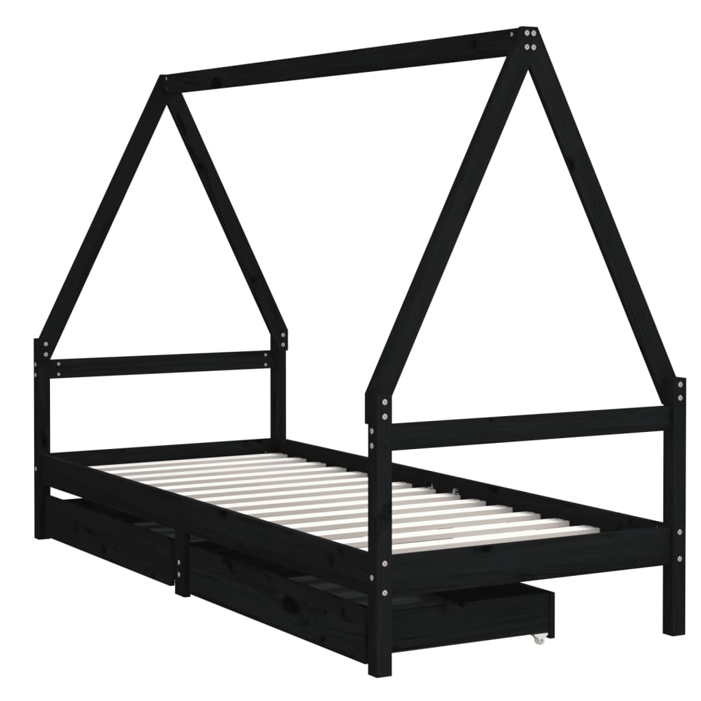 Kids Solid Wood Pine Bed Frame with Drawers