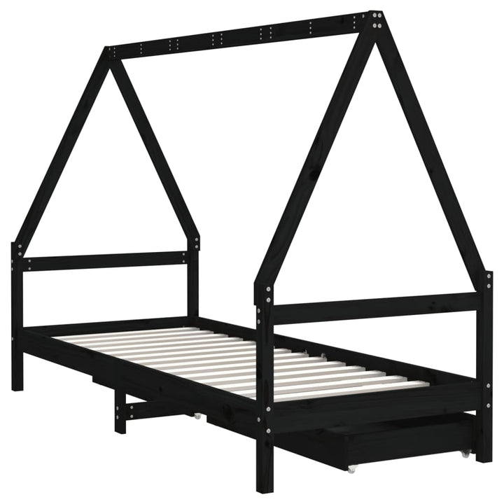 Kids Solid Wood Pine Bed Frame with Drawers