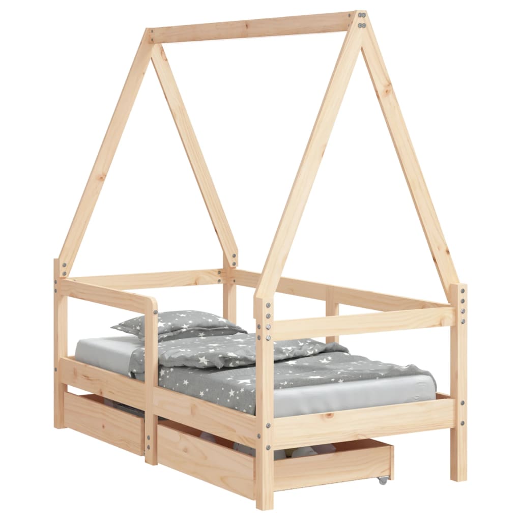 Kids Solid Wood Pine Bed Frame with Drawers