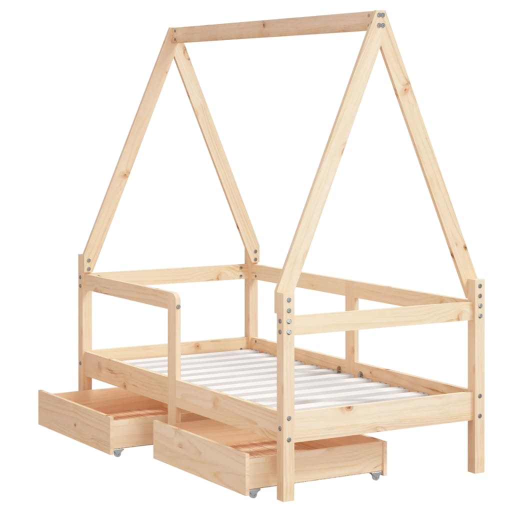 Kids Solid Wood Pine Bed Frame with Drawers