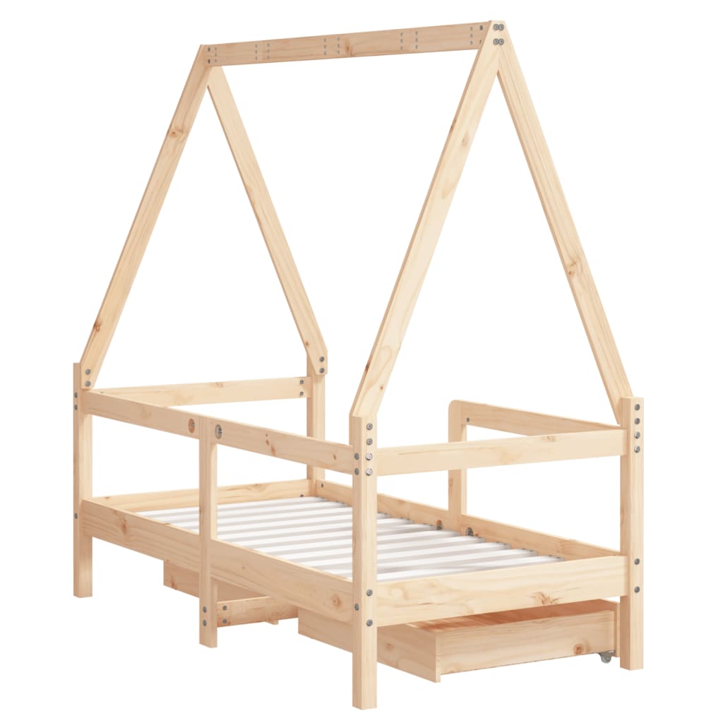 Kids Solid Wood Pine Bed Frame with Drawers