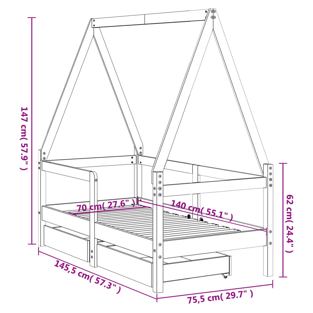 Kids Solid Wood Pine Bed Frame with Drawers