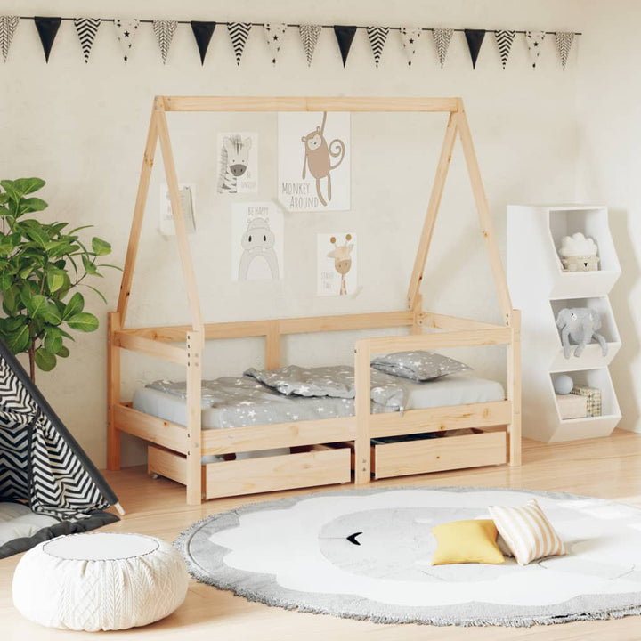 Kids Solid Wood Pine Bed Frame with Drawers
