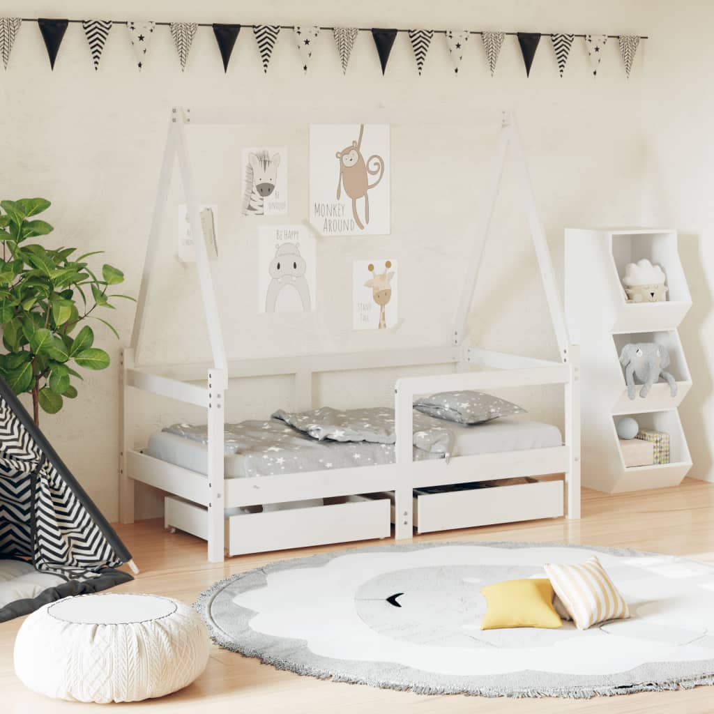 Kids Solid Wood Pine Bed Frame with Drawers