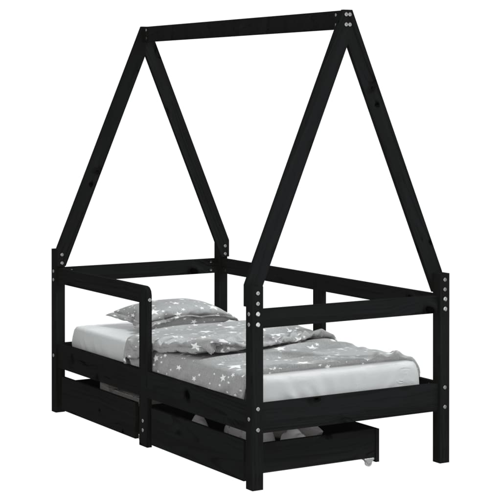 Kids Solid Wood Pine Bed Frame with Drawers