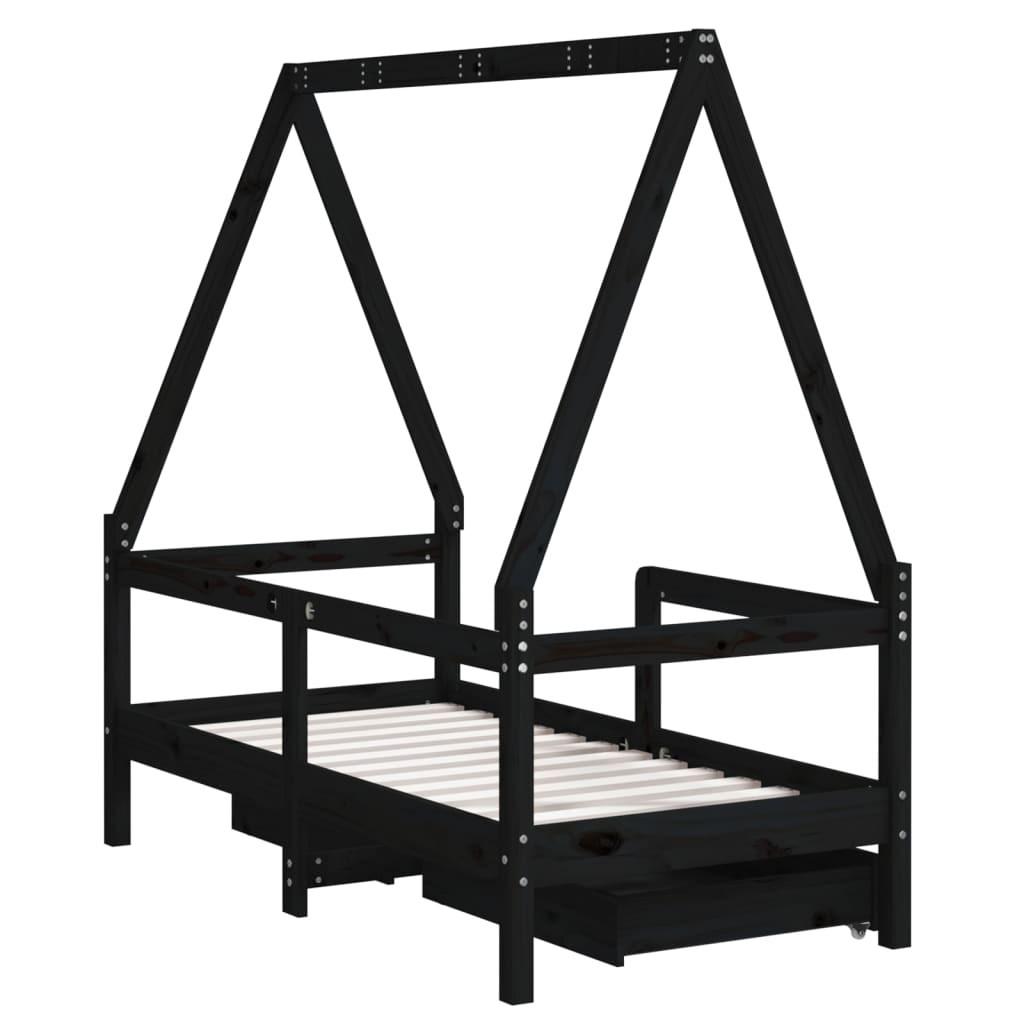 Kids Solid Wood Pine Bed Frame with Drawers
