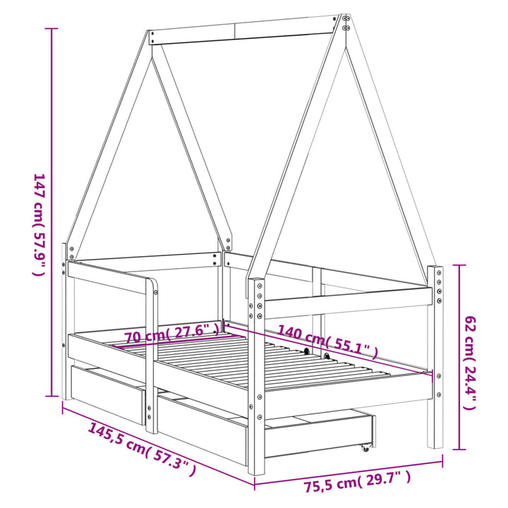 Kids Solid Wood Pine Bed Frame with Drawers
