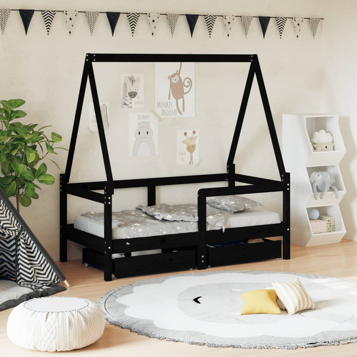 Kids Solid Wood Pine Bed Frame with Drawers