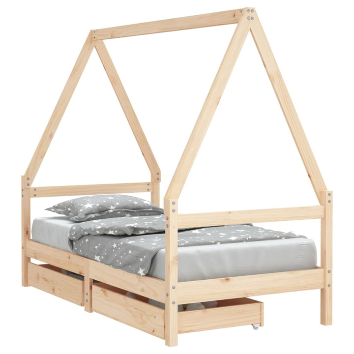 Kids Solid Wood Pine Bed Frame with Drawers