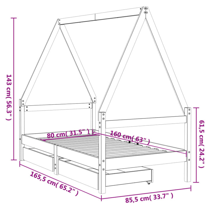 Kids Solid Wood Pine Bed Frame with Drawers