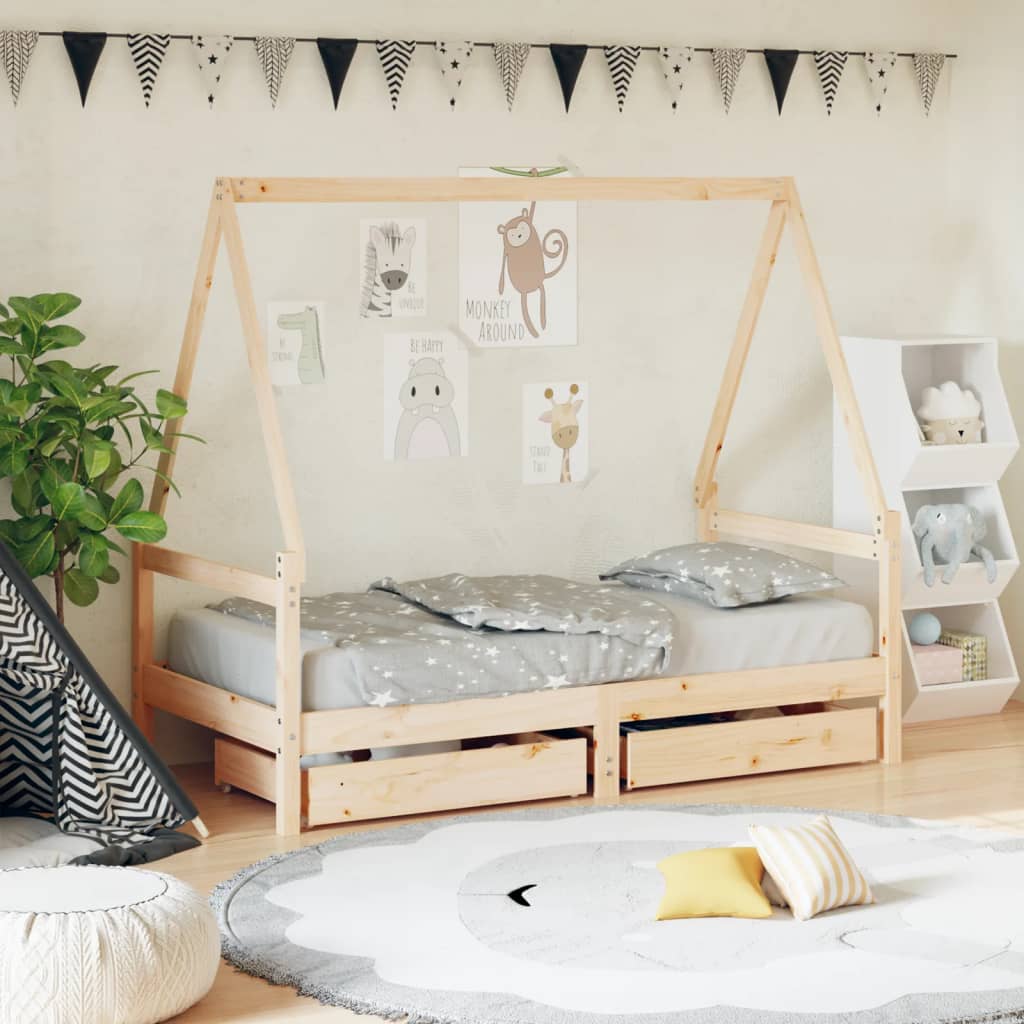 Kids Solid Wood Pine Bed Frame with Drawers
