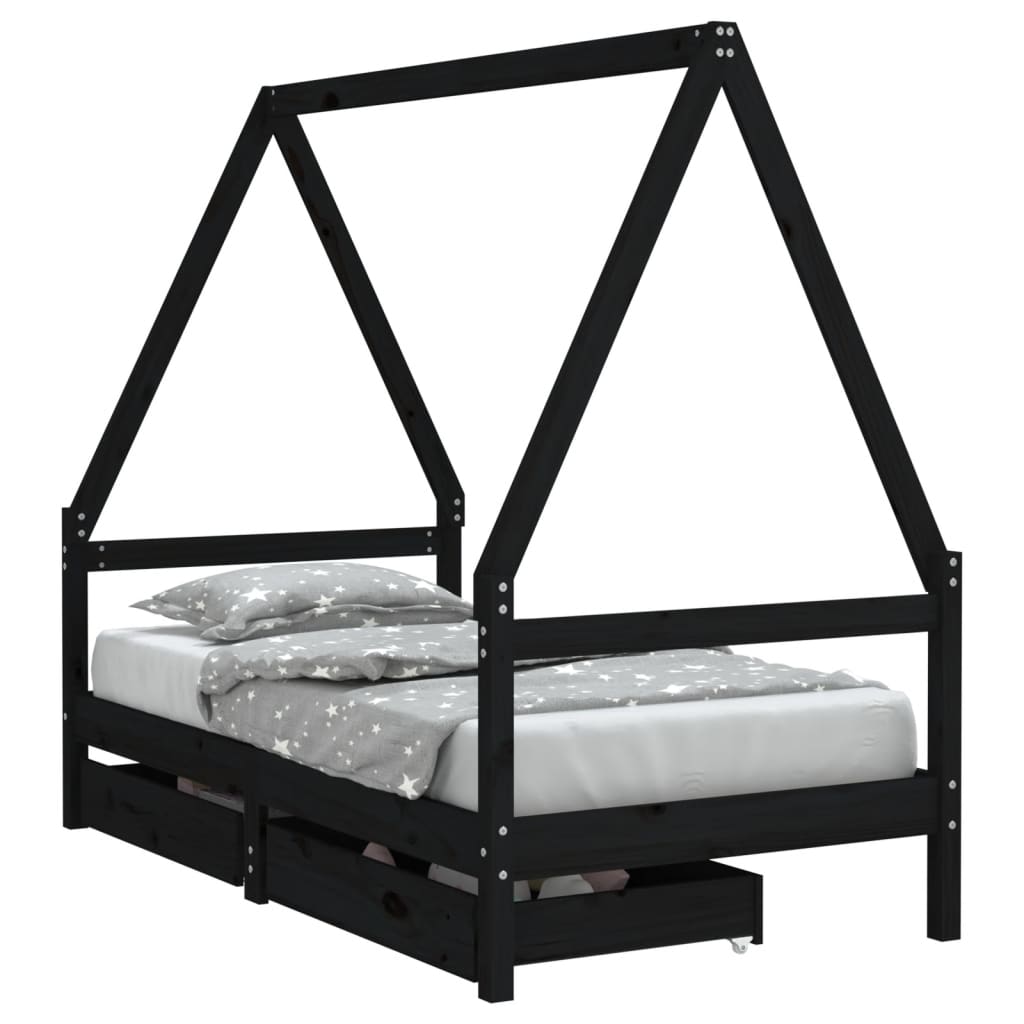 Kids Solid Wood Pine Bed Frame with Drawers