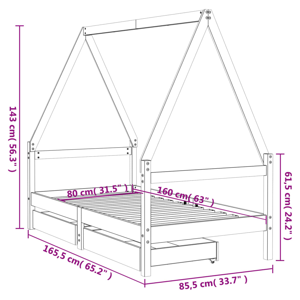 Kids Solid Wood Pine Bed Frame with Drawers