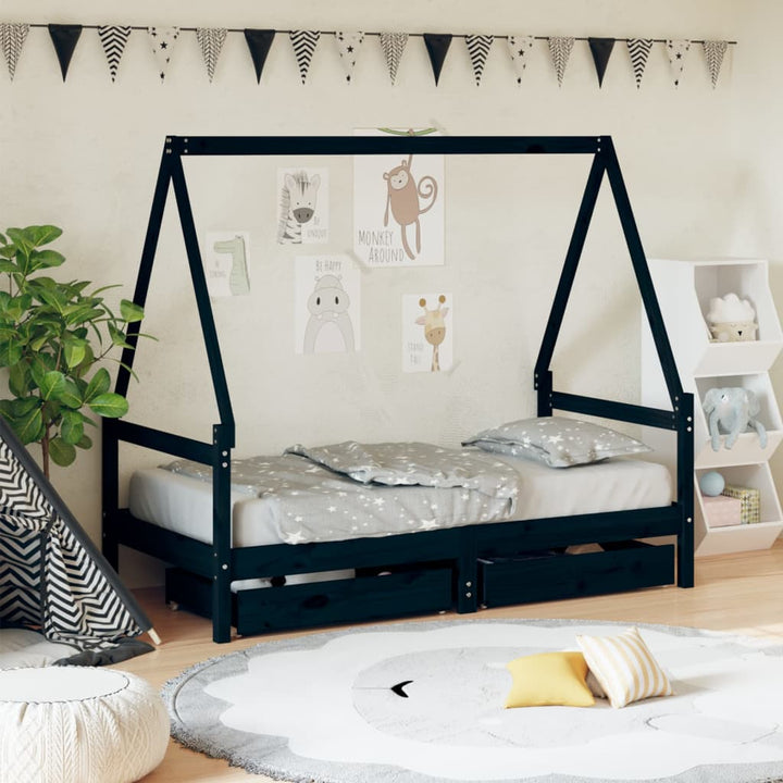 Kids Solid Wood Pine Bed Frame with Drawers