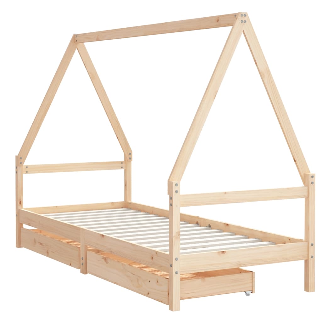 Kids Solid Wood Pine Bed Frame with Drawers
