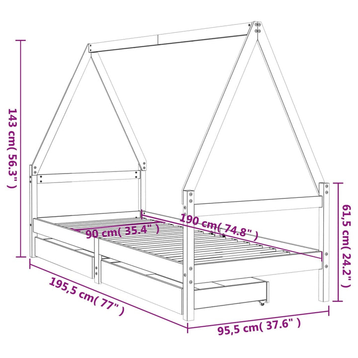 Kids Solid Wood Pine Bed Frame with Drawers