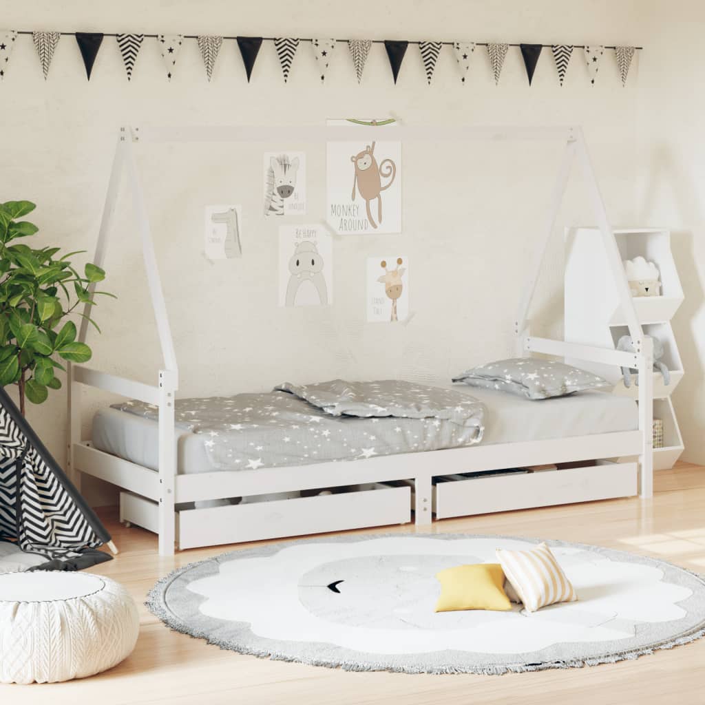 Kids Solid Wood Pine Bed Frame with Drawers