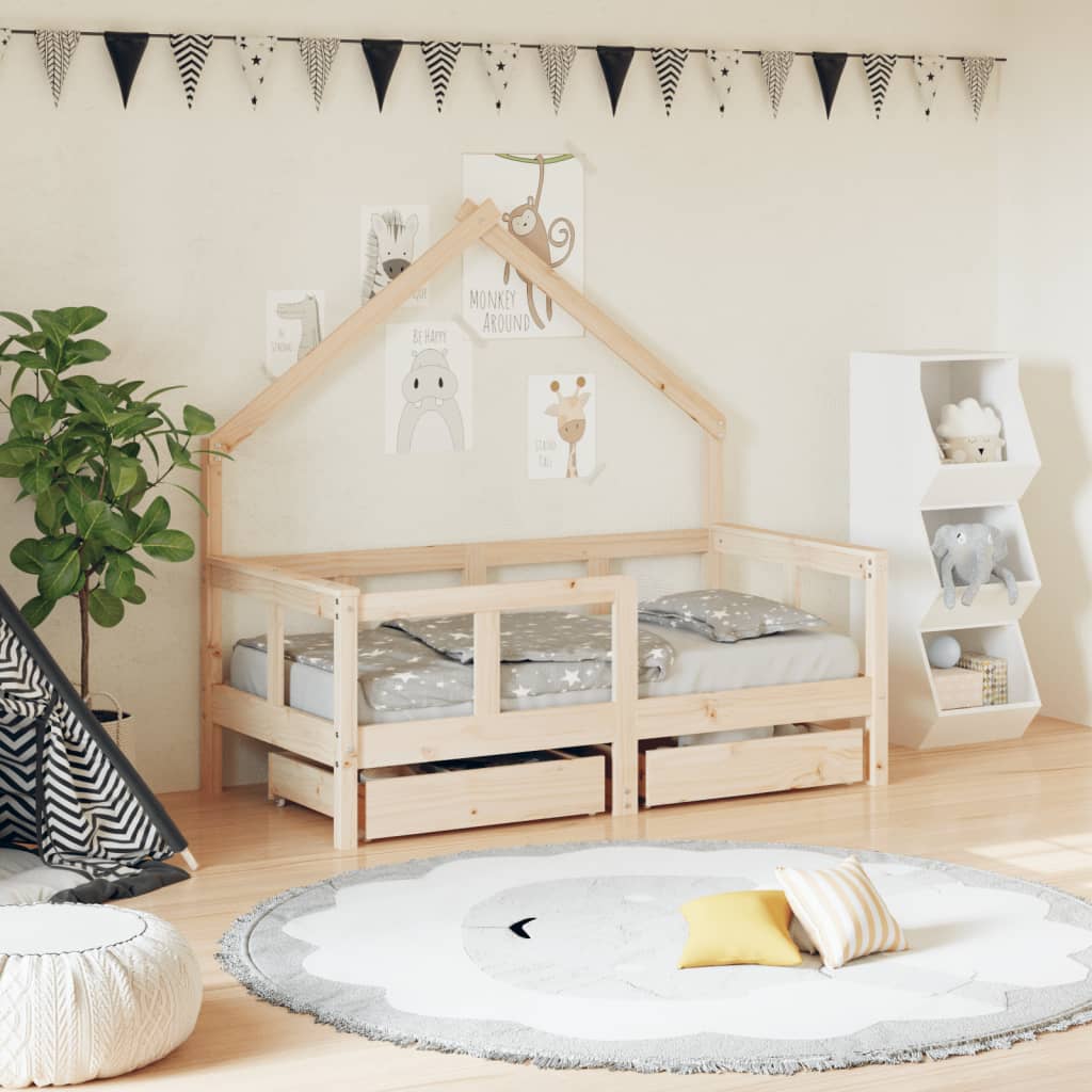 Kids Solid Wood Pine Bed Frame with Drawers