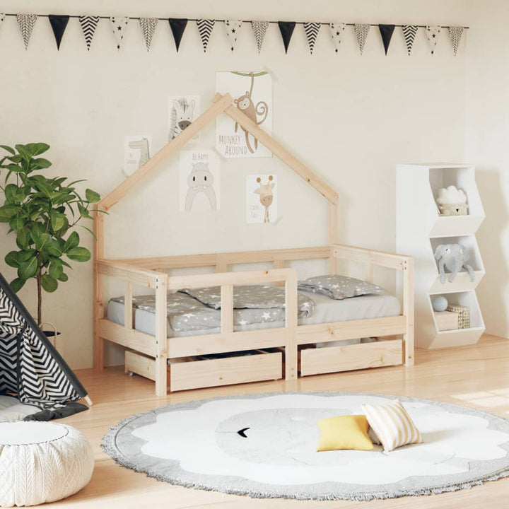 Kids Solid Wood Pine Bed Frame with Drawers