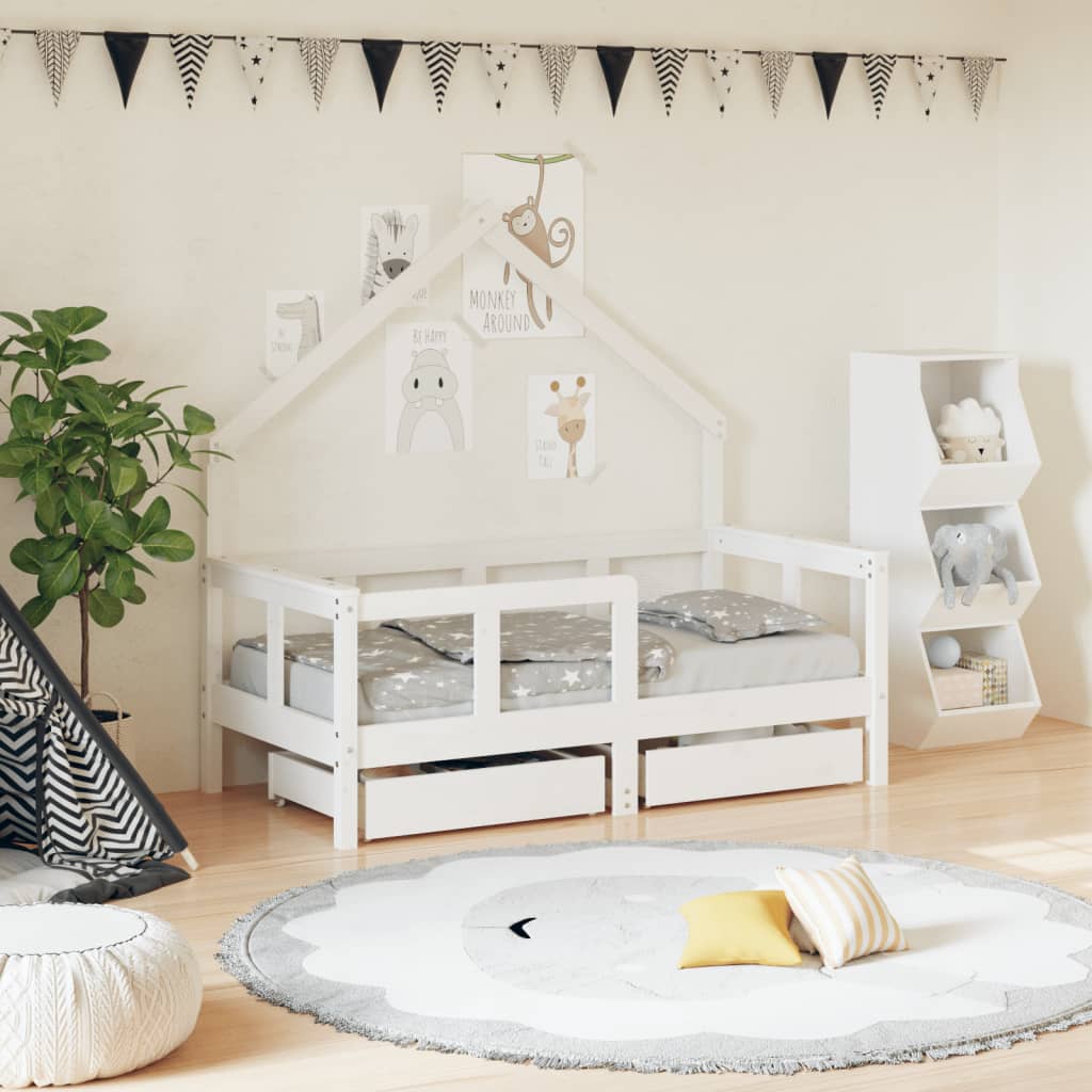 Kids Solid Wood Pine Bed Frame with Drawers