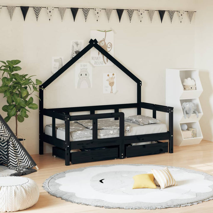 Kids Solid Wood Pine Bed Frame with Drawers