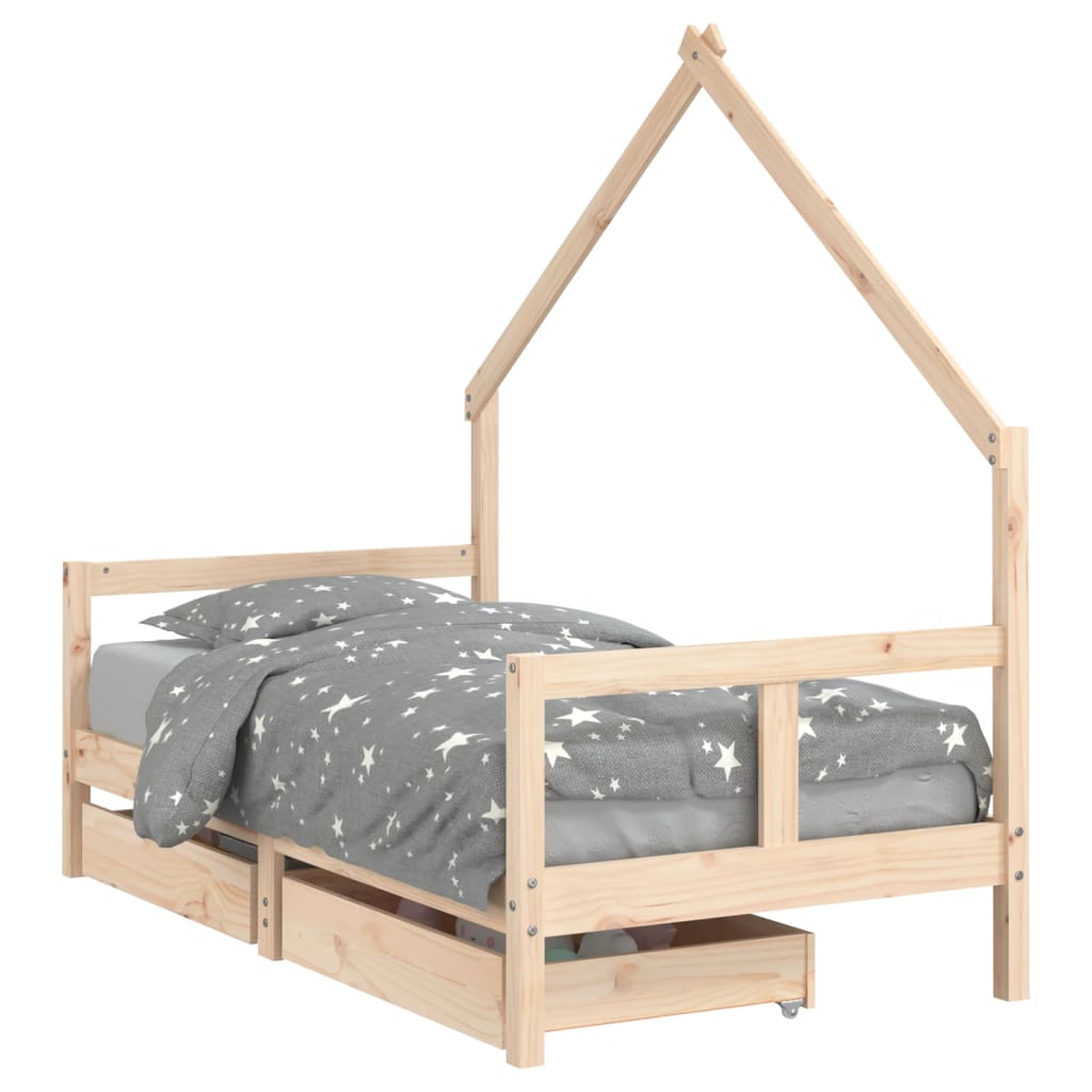 Kids Solid Wood Pine Bed Frame with Drawers