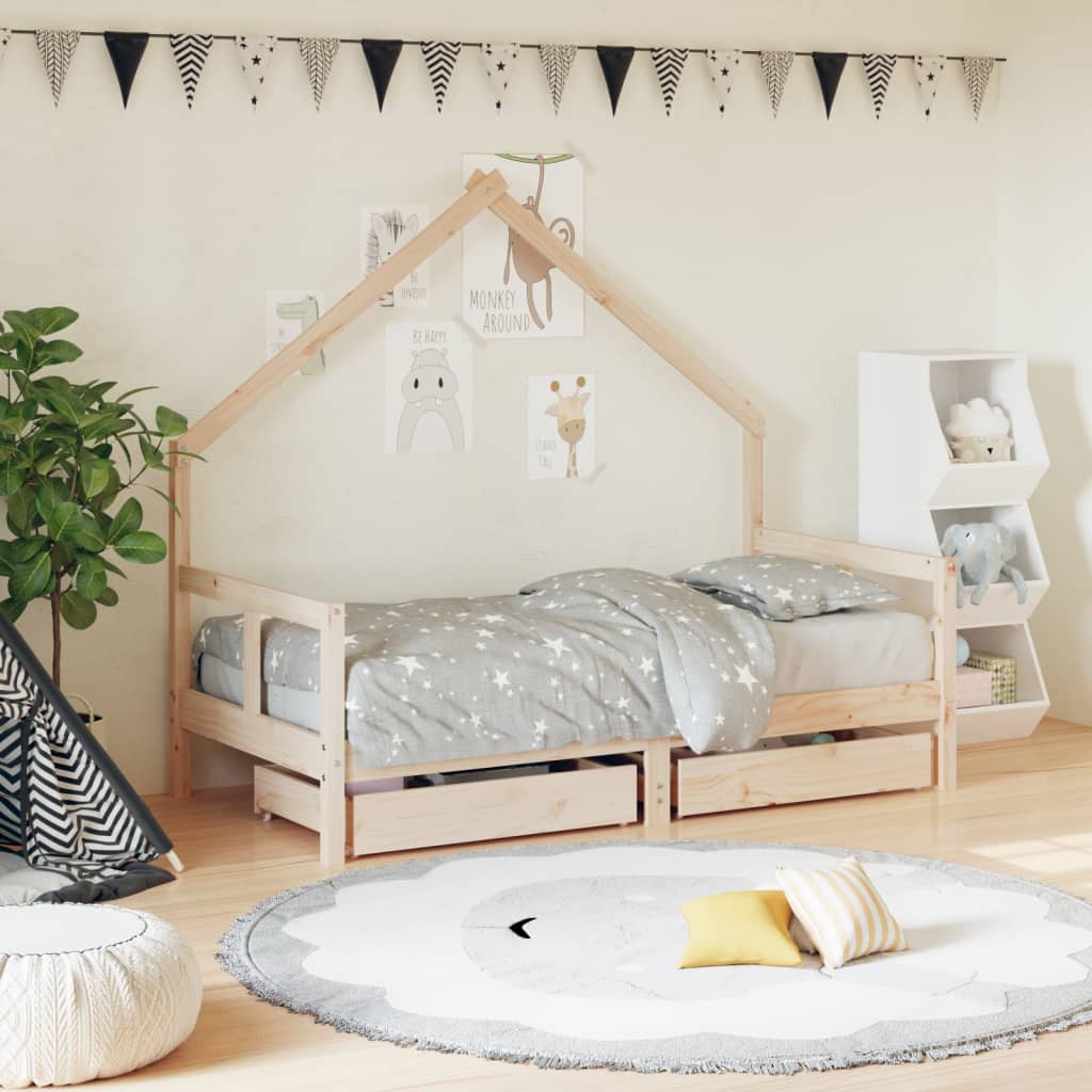 Kids Solid Wood Pine Bed Frame with Drawers