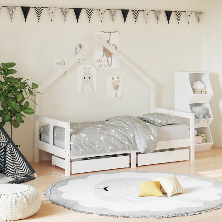 Kids Solid Wood Pine Bed Frame with Drawers