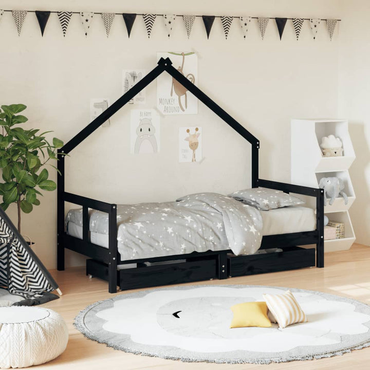 Kids Solid Wood Pine Bed Frame with Drawers