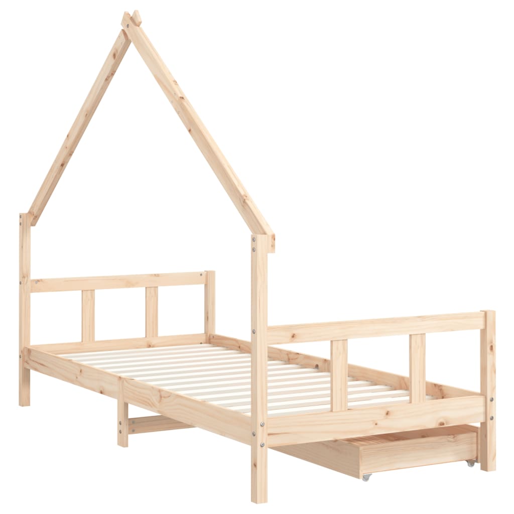 Kids Solid Wood Pine Bed Frame with Drawers