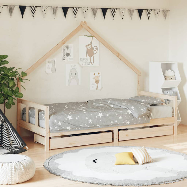 Kids Solid Wood Pine Bed Frame with Drawers