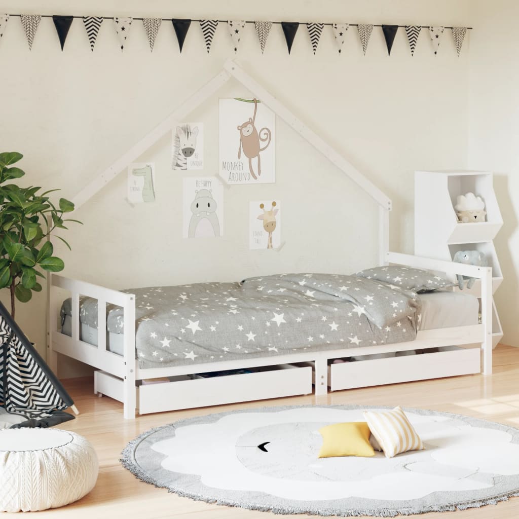 Kids Solid Wood Pine Bed Frame with Drawers