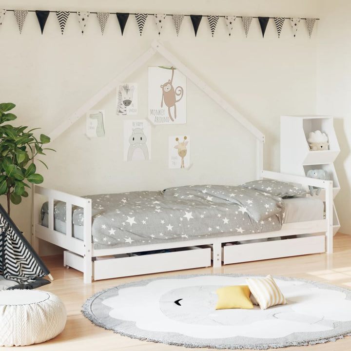 Kids Solid Wood Pine Bed Frame with Drawers