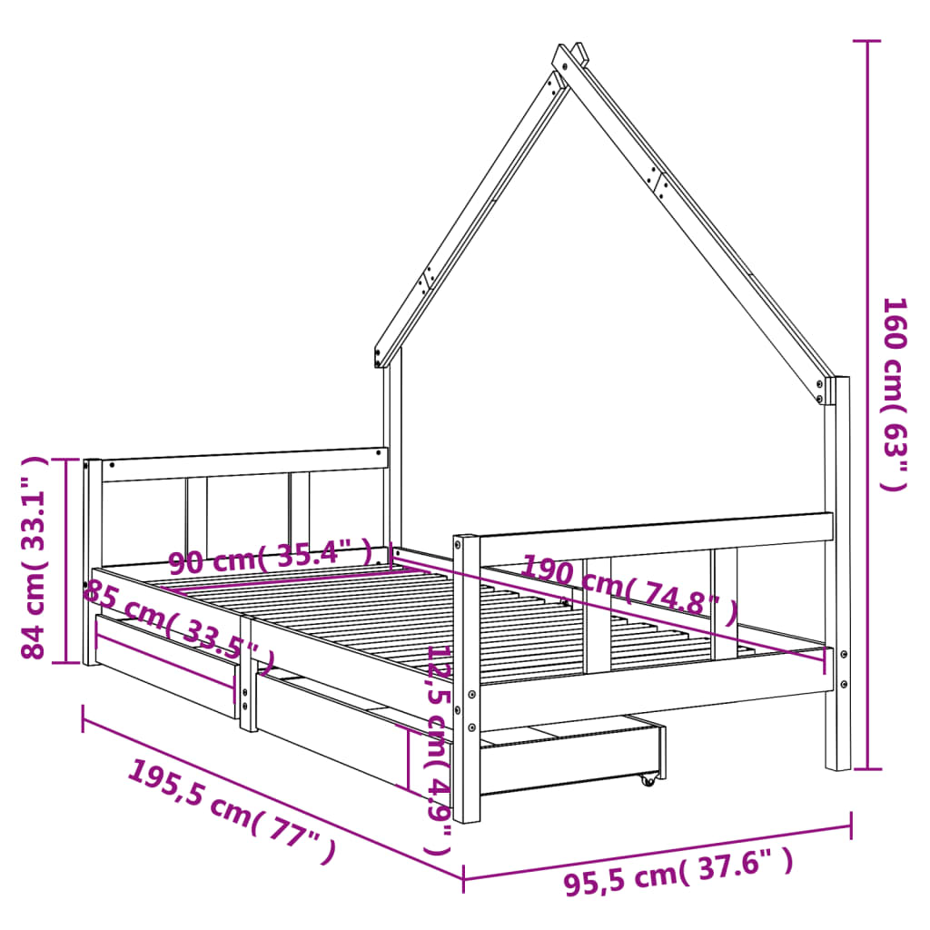 Kids Solid Wood Pine Bed Frame with Drawers