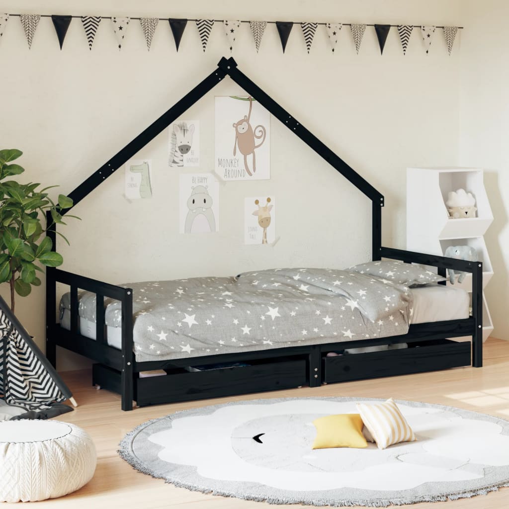 Kids Solid Wood Pine Bed Frame with Drawers