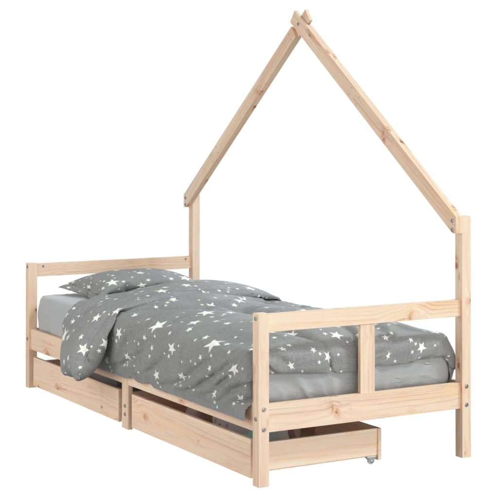 Kids Solid Wood Pine Bed Frame with Drawers