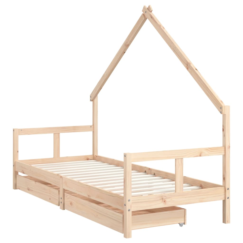 Kids Solid Wood Pine Bed Frame with Drawers