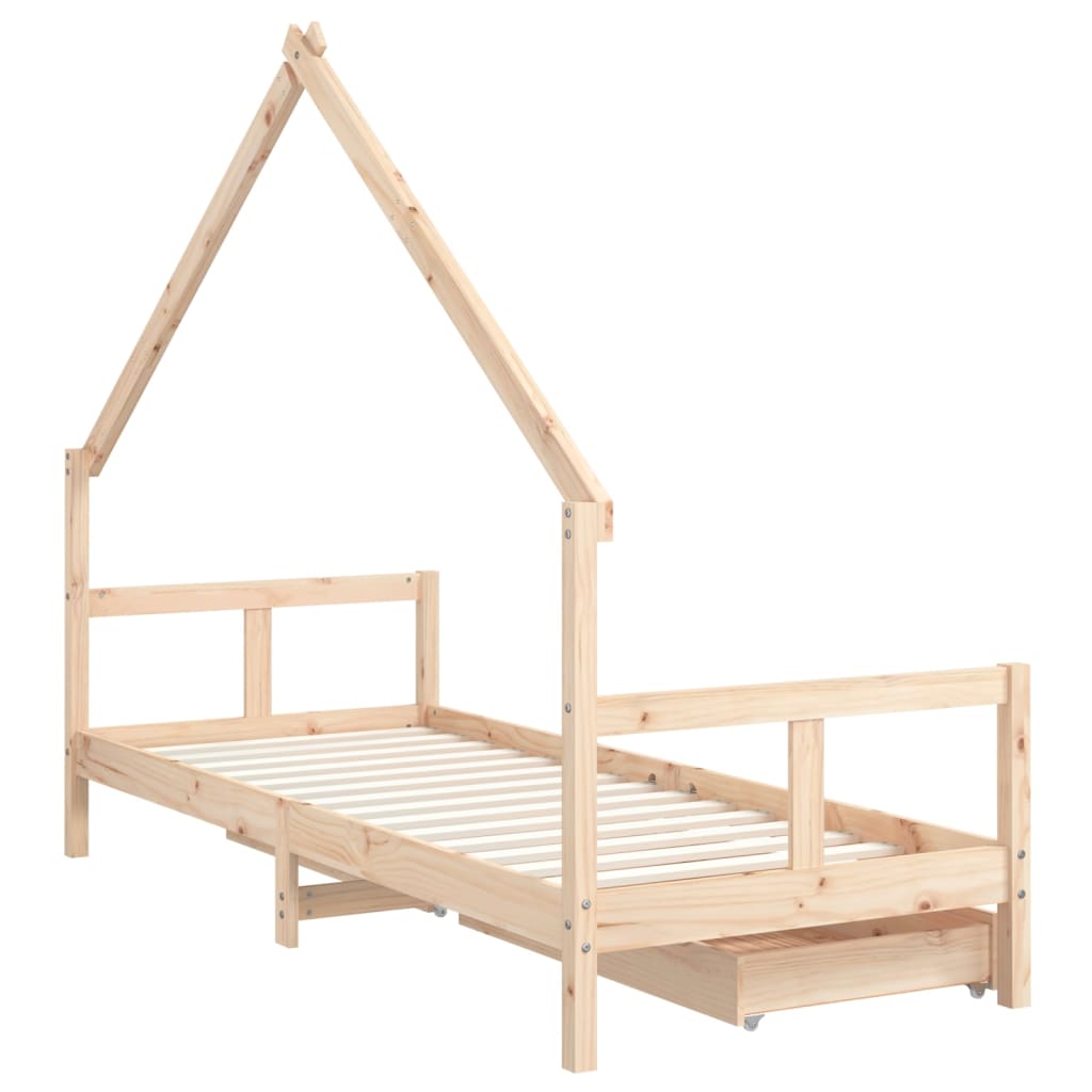 Kids Solid Wood Pine Bed Frame with Drawers