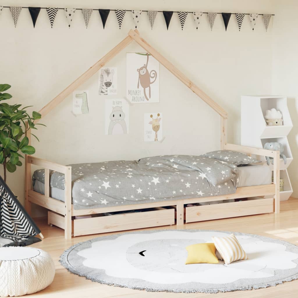 Kids Solid Wood Pine Bed Frame with Drawers
