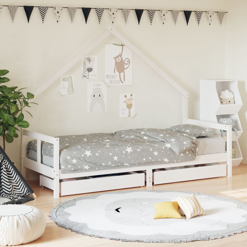 Kids Solid Wood Pine Bed Frame with Drawers