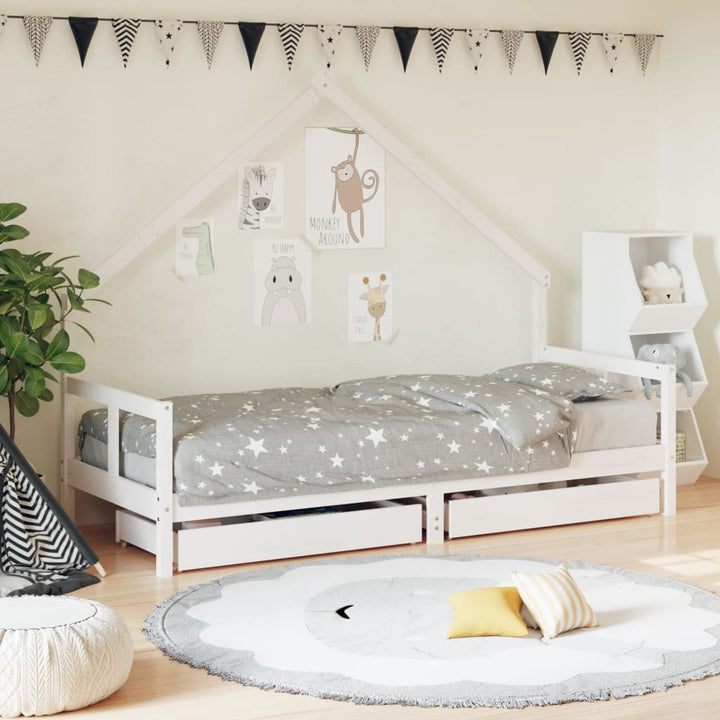 Kids Solid Wood Pine Bed Frame with Drawers