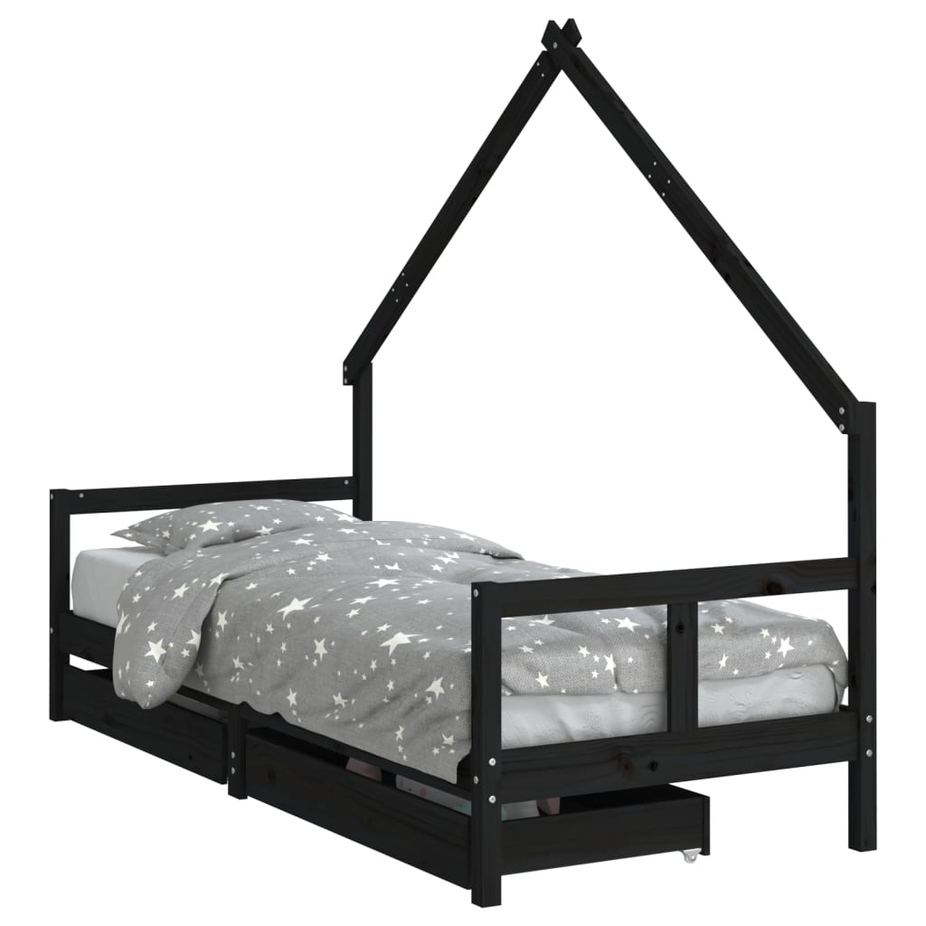 Kids Solid Wood Pine Bed Frame with Drawers