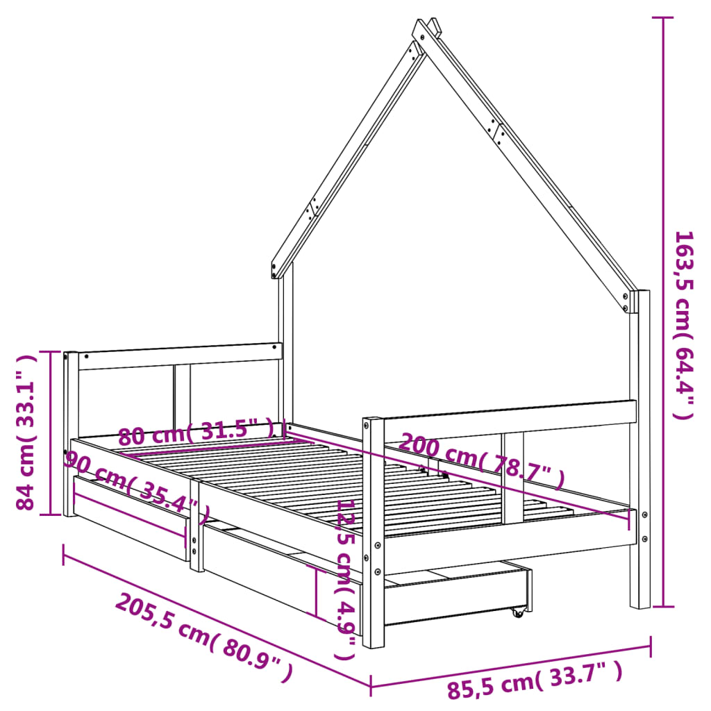 Kids Solid Wood Pine Bed Frame with Drawers